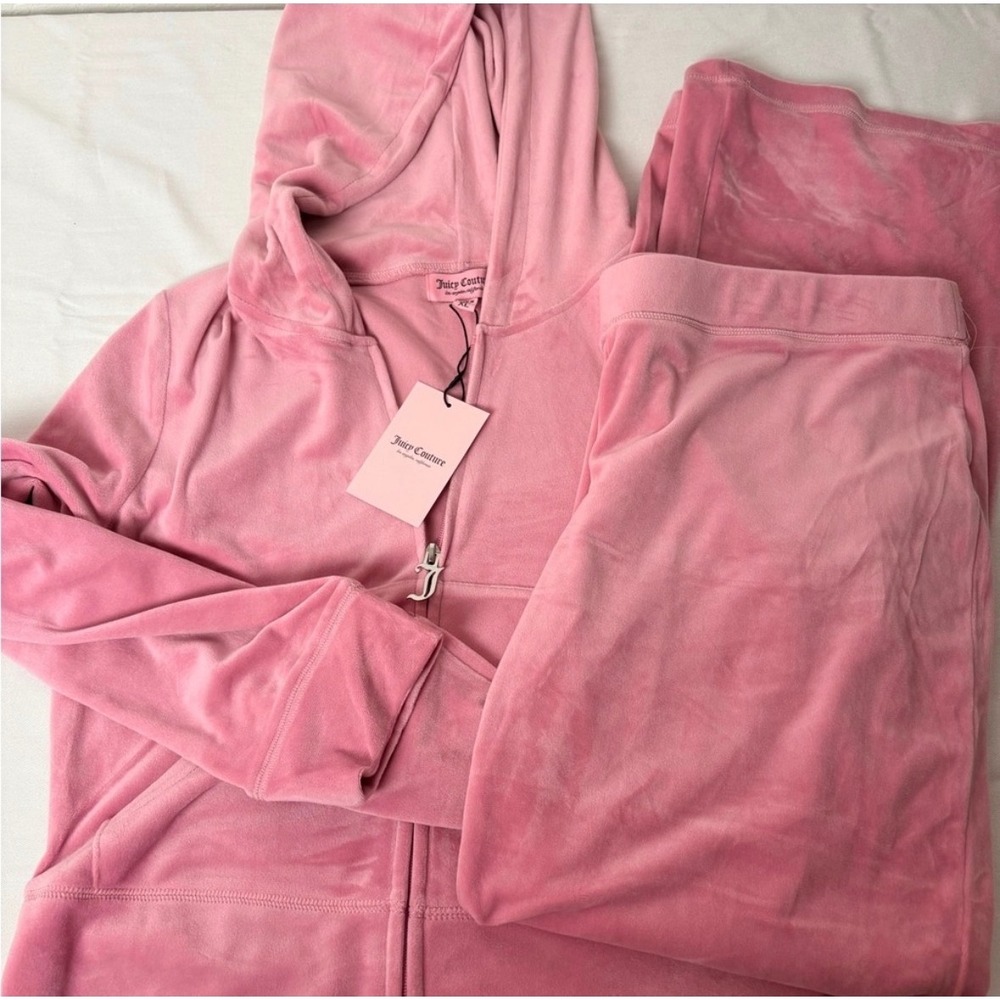 Juicy Couture Pink rose Velour Tracksuit Set Rhinestone Logo Hoodie Pants XL NEW - Picture 3 of 13